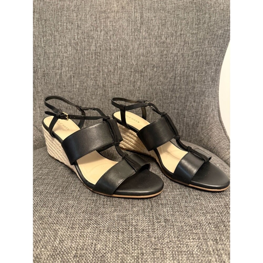 Cole Haan Black Leather Espadrille Wedge Sandals T-Strap Slingback Women 9.5 B